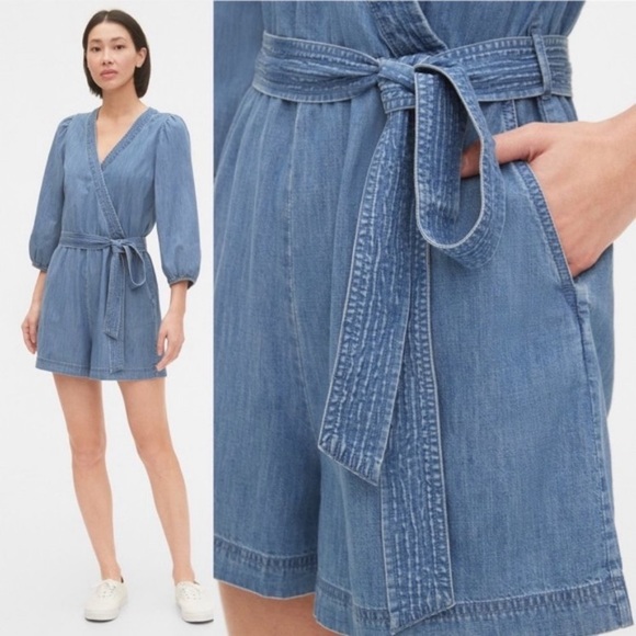 NWT Gap Puff Sleeve Denim Romper - Picture 2 of 5